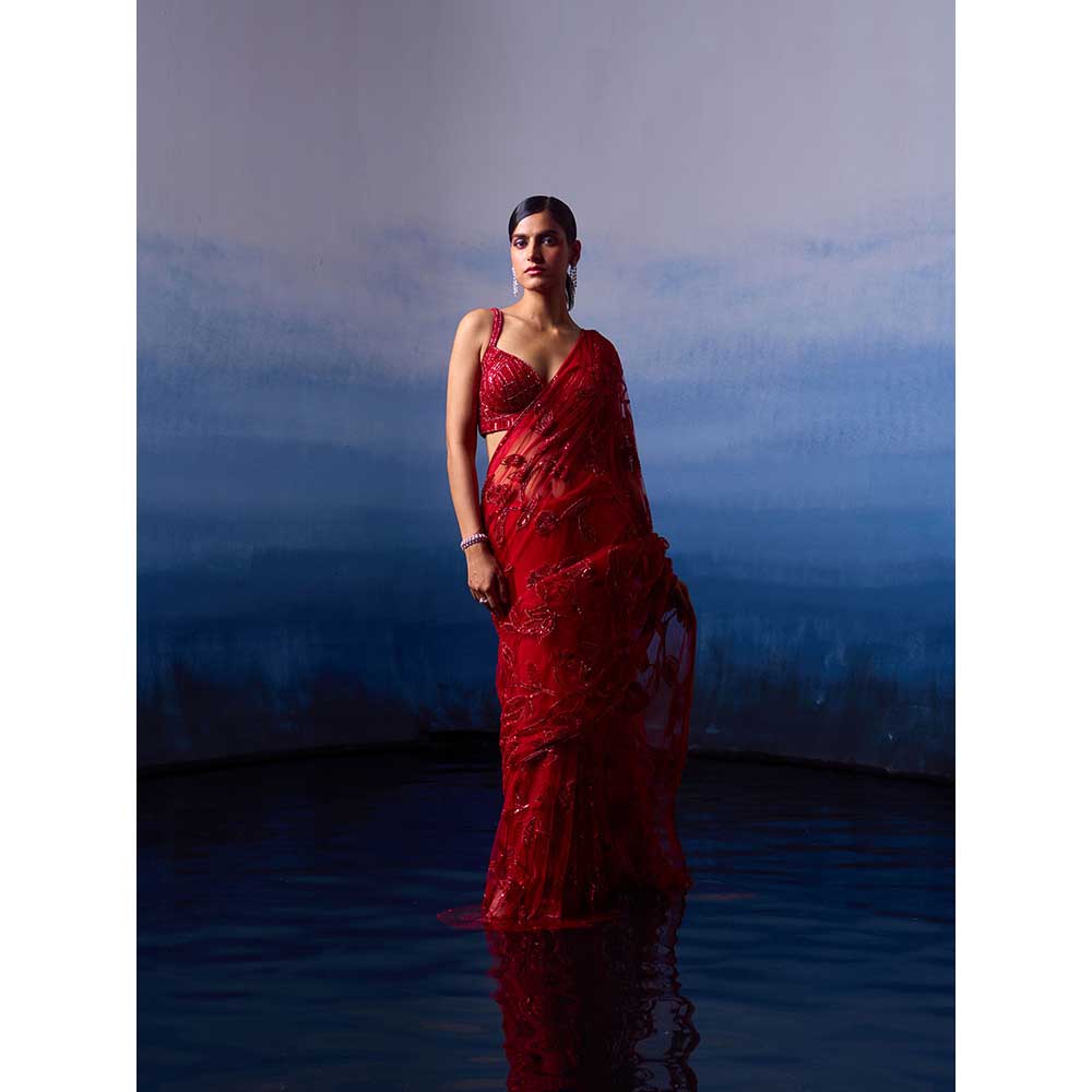 ANGAD SINGH Ruby Red Net Saree with Stitched Blouse and Petticoat