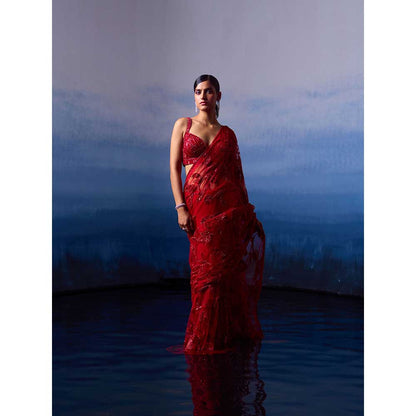 ANGAD SINGH Ruby Red Net Saree with Stitched Blouse and Petticoat