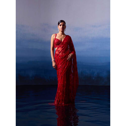 ANGAD SINGH Ruby Red Net Saree with Stitched Blouse and Petticoat