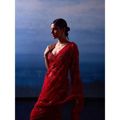 ANGAD SINGH Ruby Red Net Saree with Stitched Blouse and Petticoat