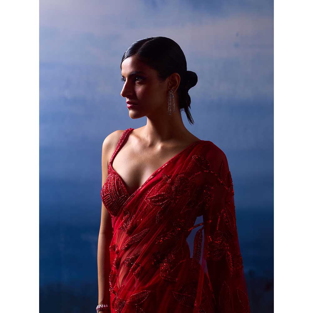 ANGAD SINGH Ruby Red Net Saree with Stitched Blouse and Petticoat