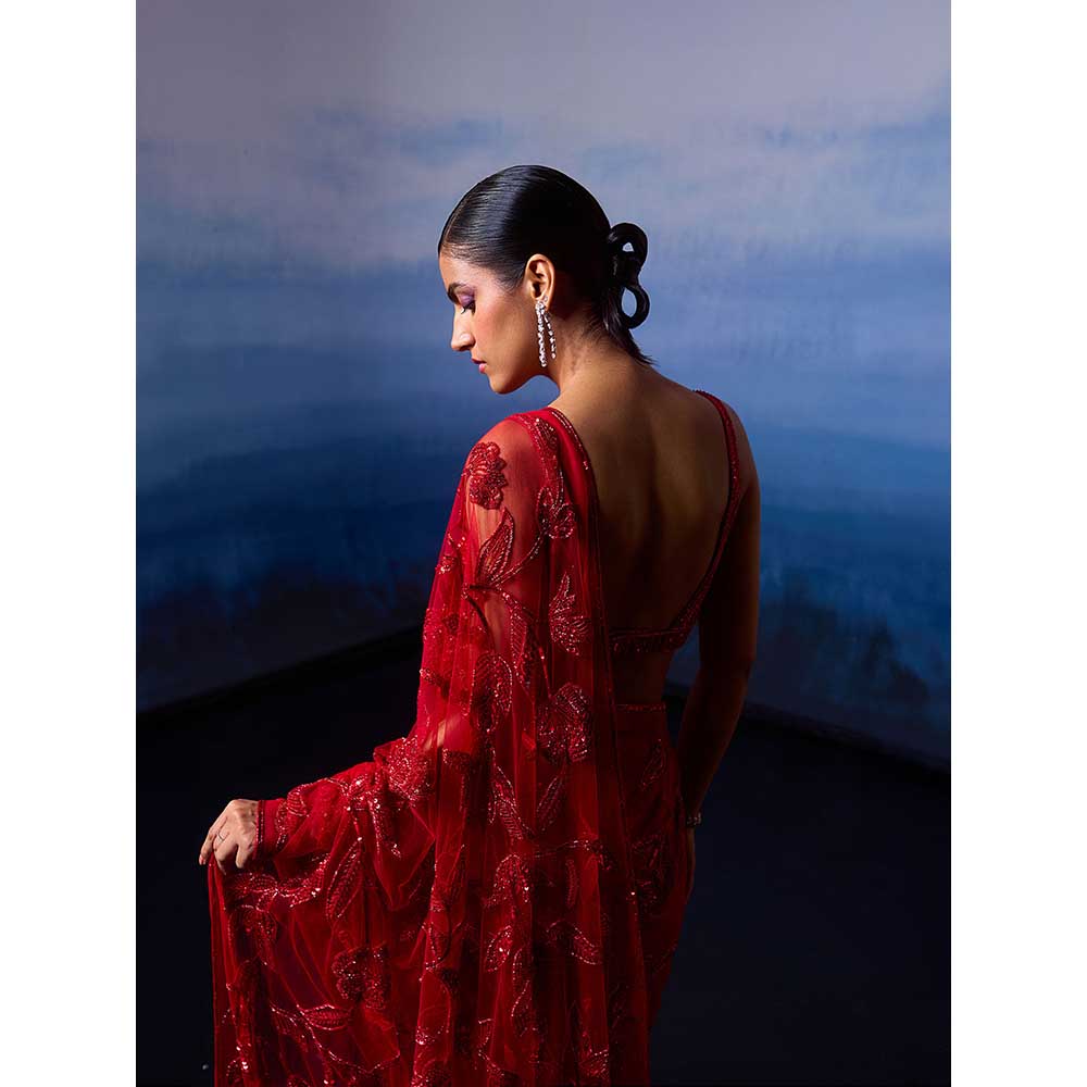 ANGAD SINGH Ruby Red Net Saree with Stitched Blouse and Petticoat