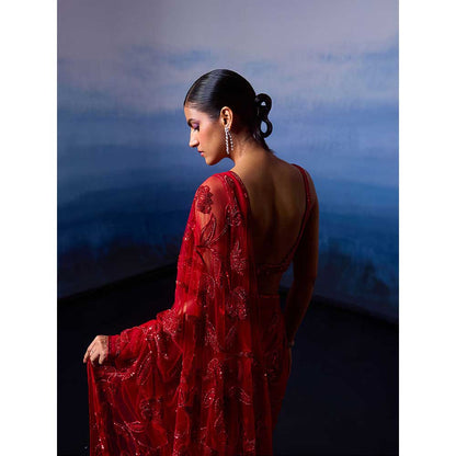 ANGAD SINGH Ruby Red Net Saree with Stitched Blouse and Petticoat