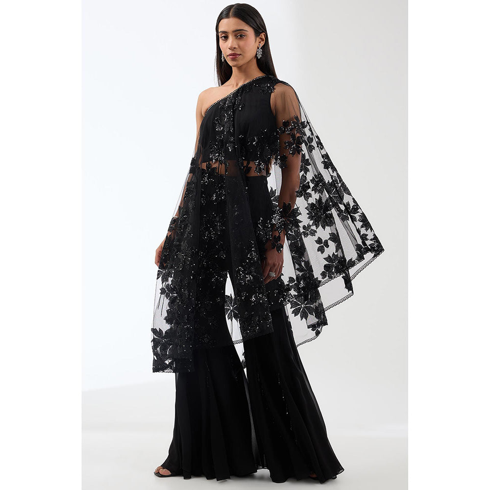 Anjali Kanwar Black Embellished/Sequined Cape Top with Flared Pant (Set of 2)