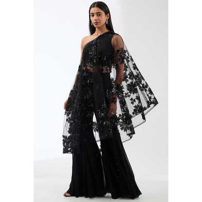 Anjali Kanwar Black Embellished/Sequined Cape Top with Flared Pant (Set of 2)