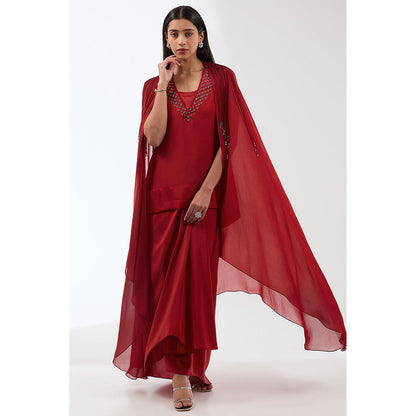 Anjali Kanwar Maroon Embroidered Kurti with Skirt and Cape (Set of 3)
