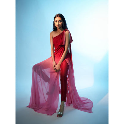 Anjali Kanwar Red Solid/Plain Seren Top with Pant (Set of 2)