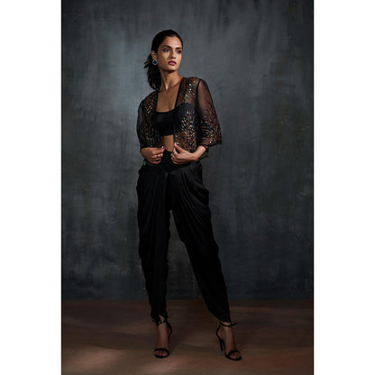Anjali Kanwar Black Embellished/Sequined Stella Cape with Dhoti and Bralette (Set of 3)