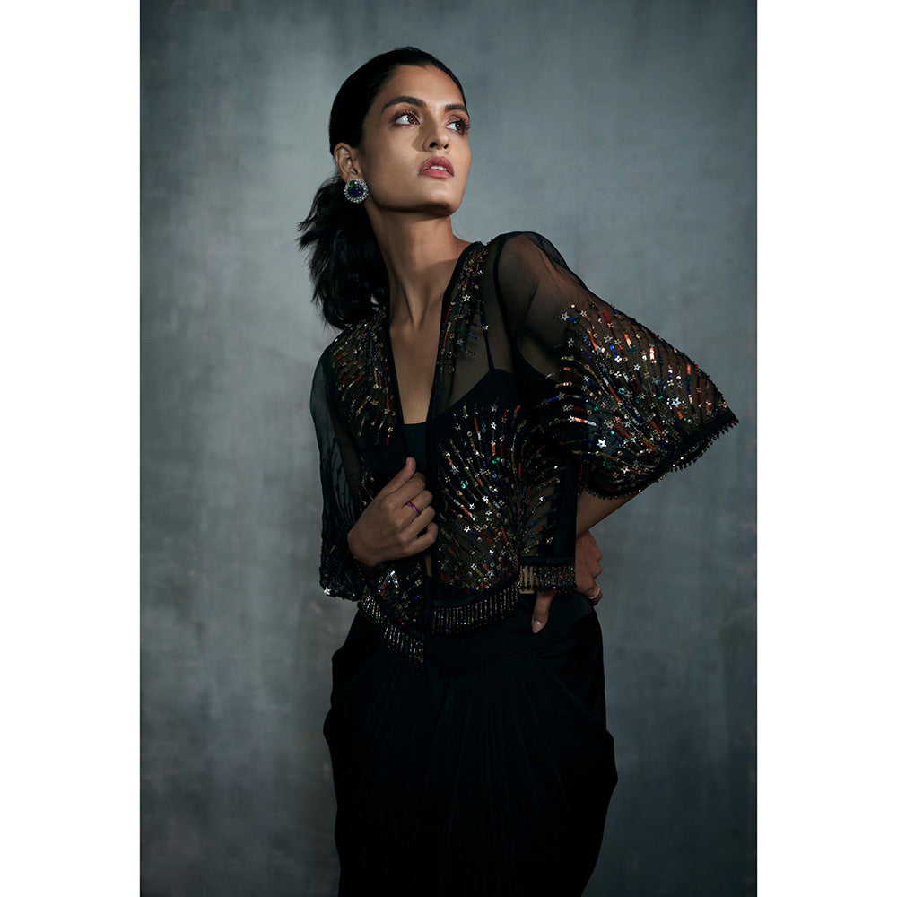 Anjali Kanwar Black Embellished/Sequined Stella Cape with Dhoti and Bralette (Set of 3)