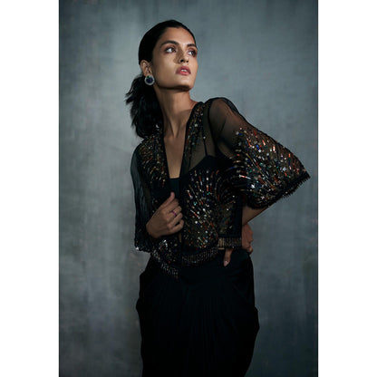 Anjali Kanwar Black Embellished/Sequined Stella Cape with Dhoti and Bralette (Set of 3)