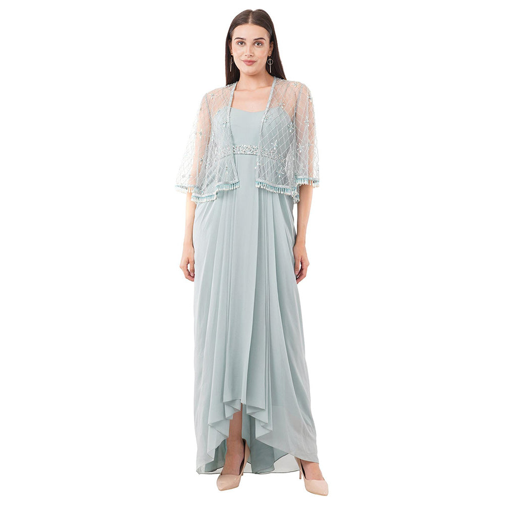 Anjali Kanwar Blue Embellished/Sequined Delilsh Maxi Dress with Cape (Set of 2)