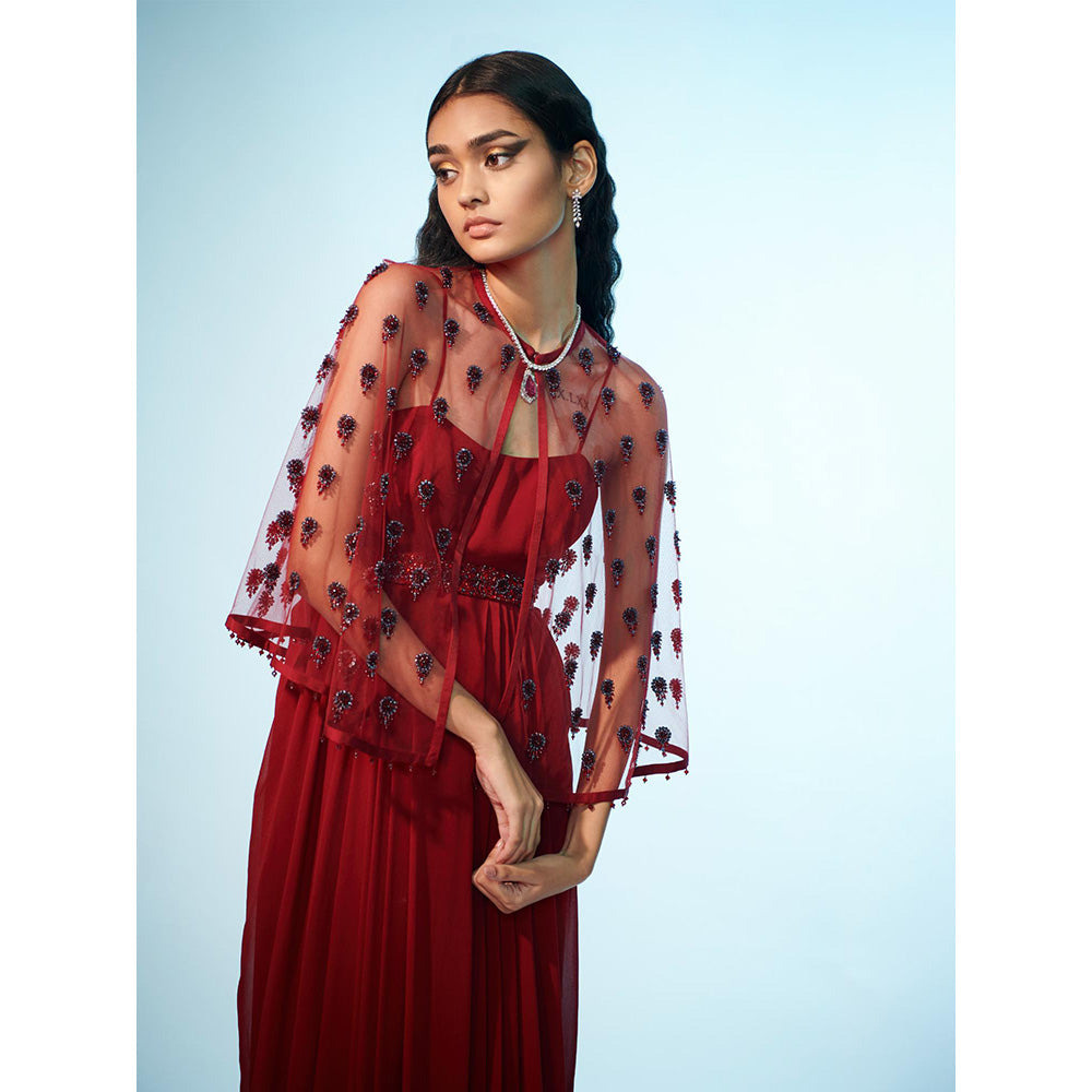 Anjali Kanwar Red Embellished/Sequined Chara Cape with Dress and Belt (Set of 3)