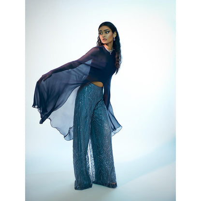 Anjali Kanwar Blue Embellished/Sequined Maria Cape with Bustier and Pant (Set of 3)