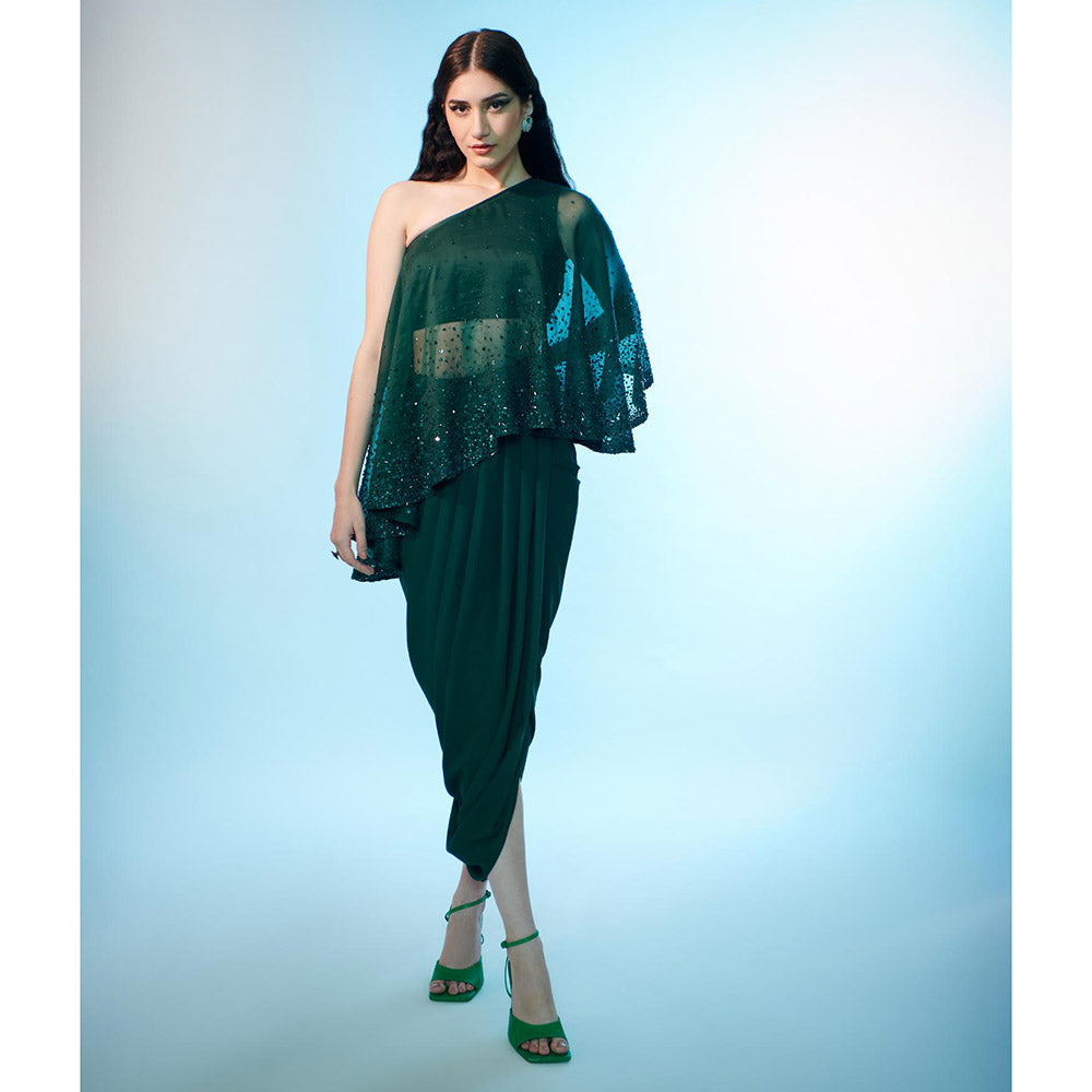 Anjali Kanwar Green Embellished/Sequined Serene Cape with Skirt and Bustier (Set of 3)