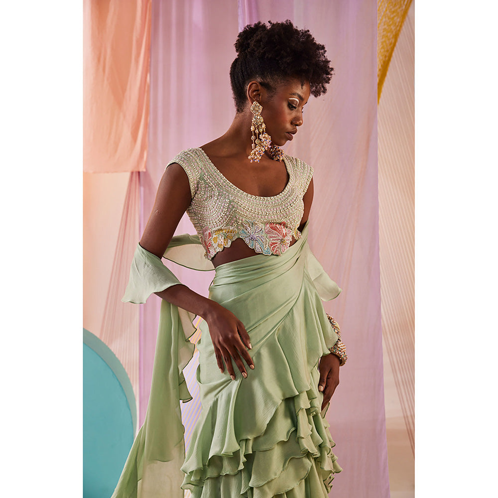 Anu Pellakuru Womens Green Lea Ruffled Saree with Stitched Blouse