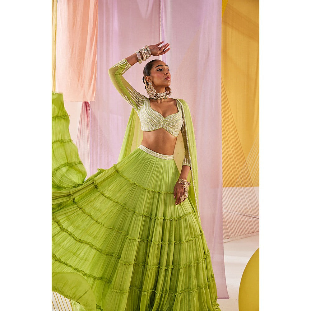 Anu Pellakuru Womens Green Meera Lehenga with Blouse and Dupatta (Set of 3)