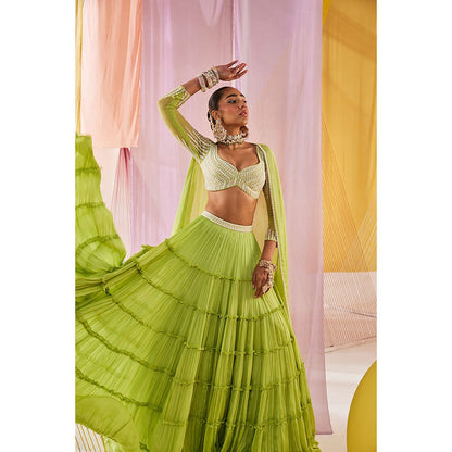 Anu Pellakuru Womens Green Meera Lehenga with Blouse and Dupatta (Set of 3)