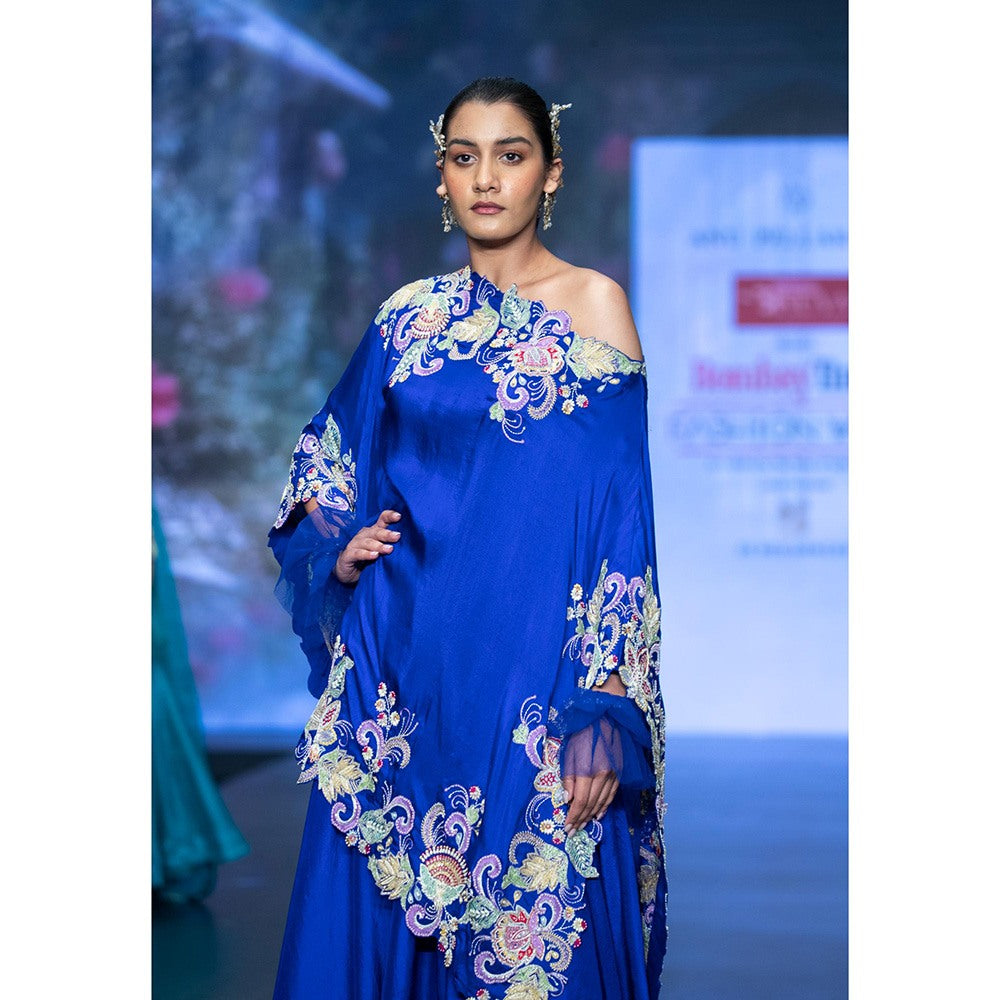 Anu Pellakuru Blue Vina Cape Embroidered Kaftan and Palazzo (Set of 2)