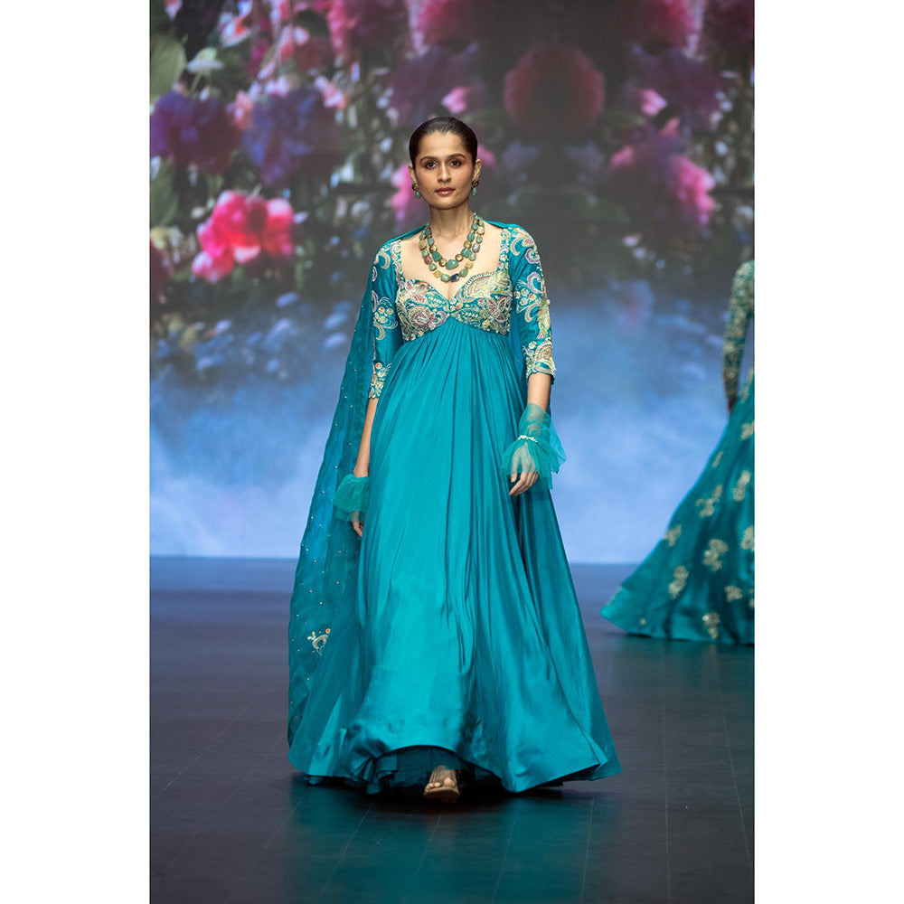 Anu Pellakuru Turquoise Rabsa Embroidered Anarkali and Dupatta (Set of 2)