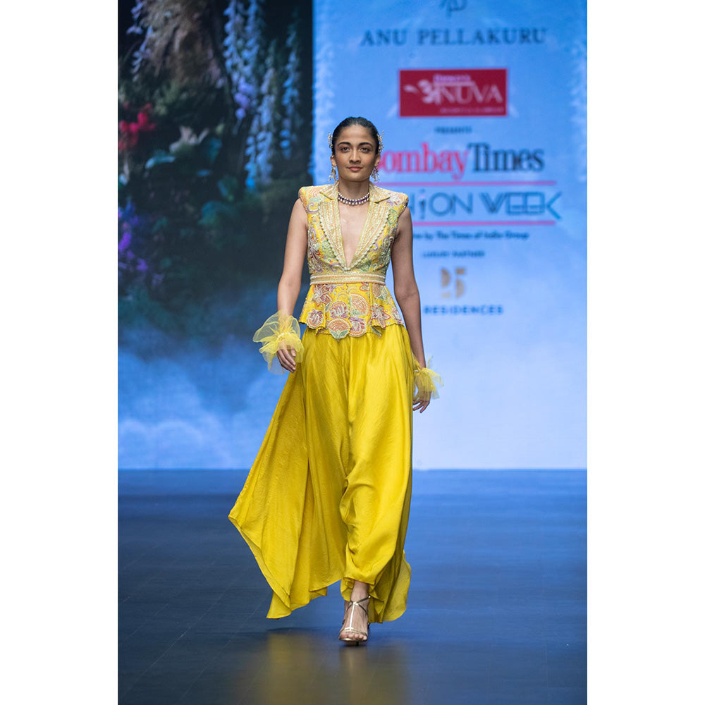 Anu Pellakuru Yellow Arka Embroidered Top with Palazzo and Belt (Set of 3)