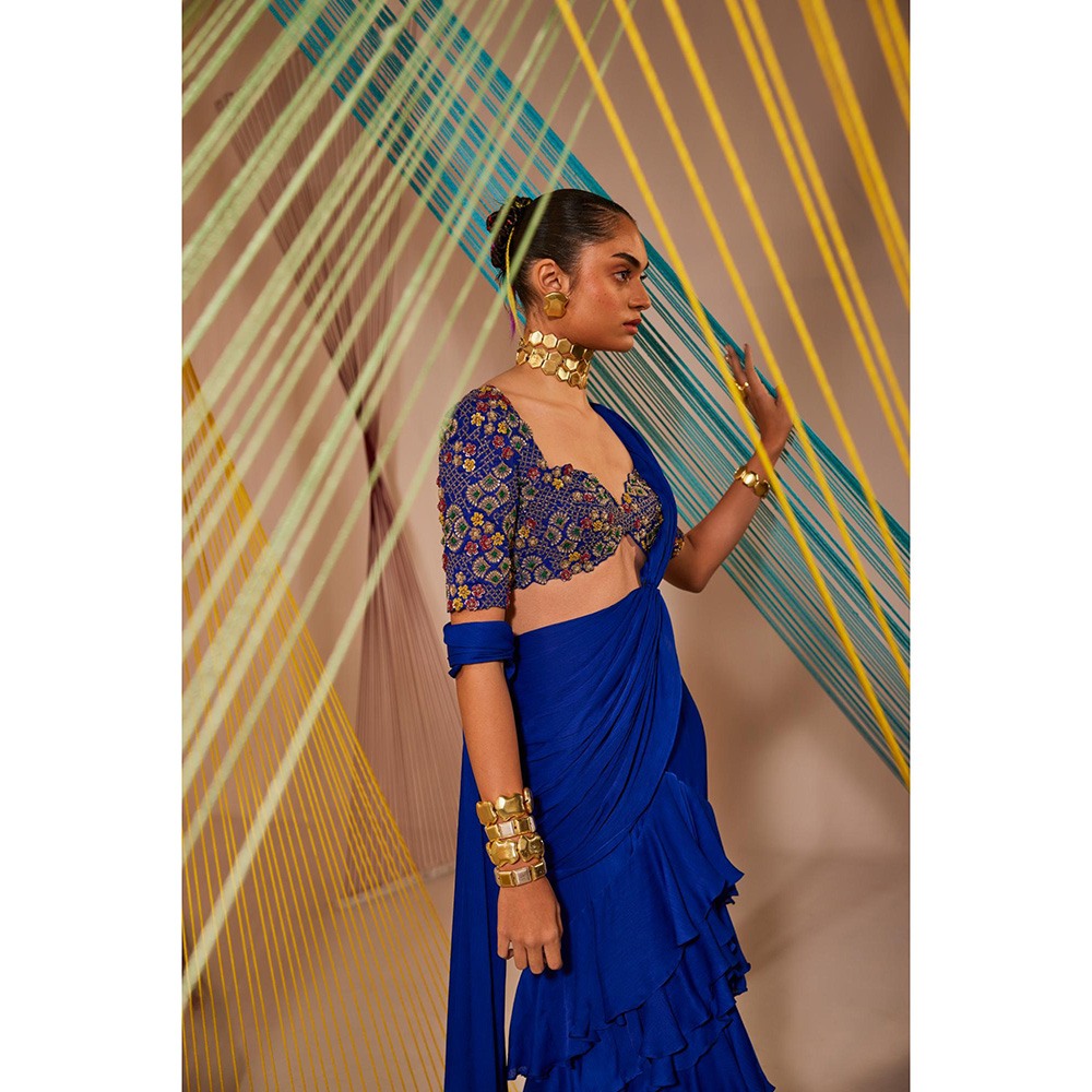 Anu Pellakuru Blue Kiara Ruffled Pre Drape Saree with Stitched Blouse