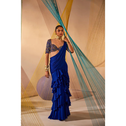 Anu Pellakuru Blue Kiara Ruffled Pre Drape Saree with Stitched Blouse