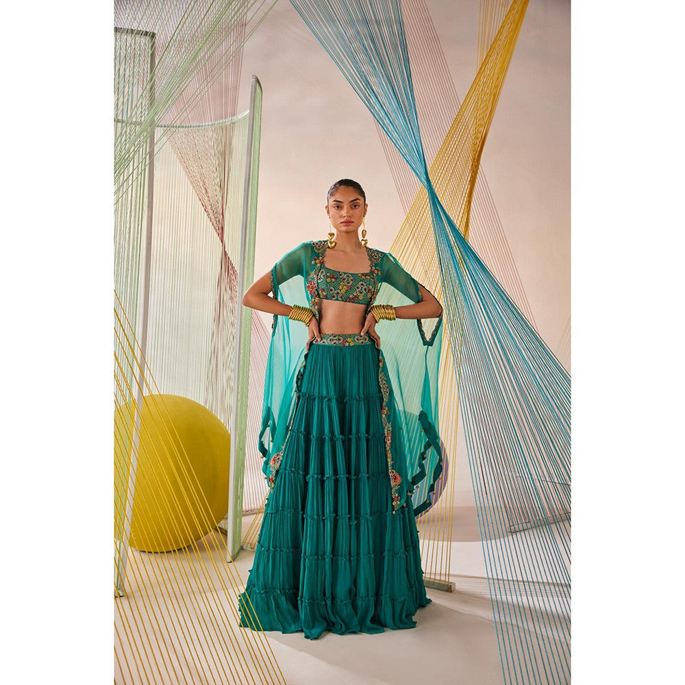 Anu Pellakuru Teal Riya Embroidered Lehenga with Cape and Blouse (Set of 3)