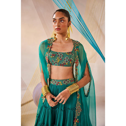 Anu Pellakuru Teal Riya Embroidered Lehenga with Cape and Blouse (Set of 3)