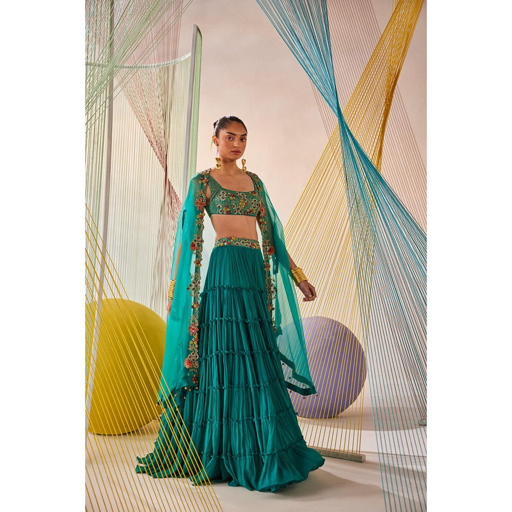 Anu Pellakuru Teal Riya Embroidered Lehenga with Cape and Blouse (Set of 3)