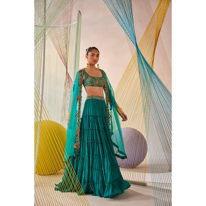Anu Pellakuru Teal Riya Embroidered Lehenga with Cape and Blouse (Set of 3)