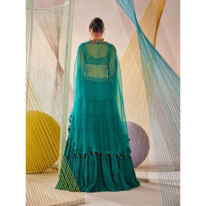 Anu Pellakuru Teal Riya Embroidered Lehenga with Cape and Blouse (Set of 3)