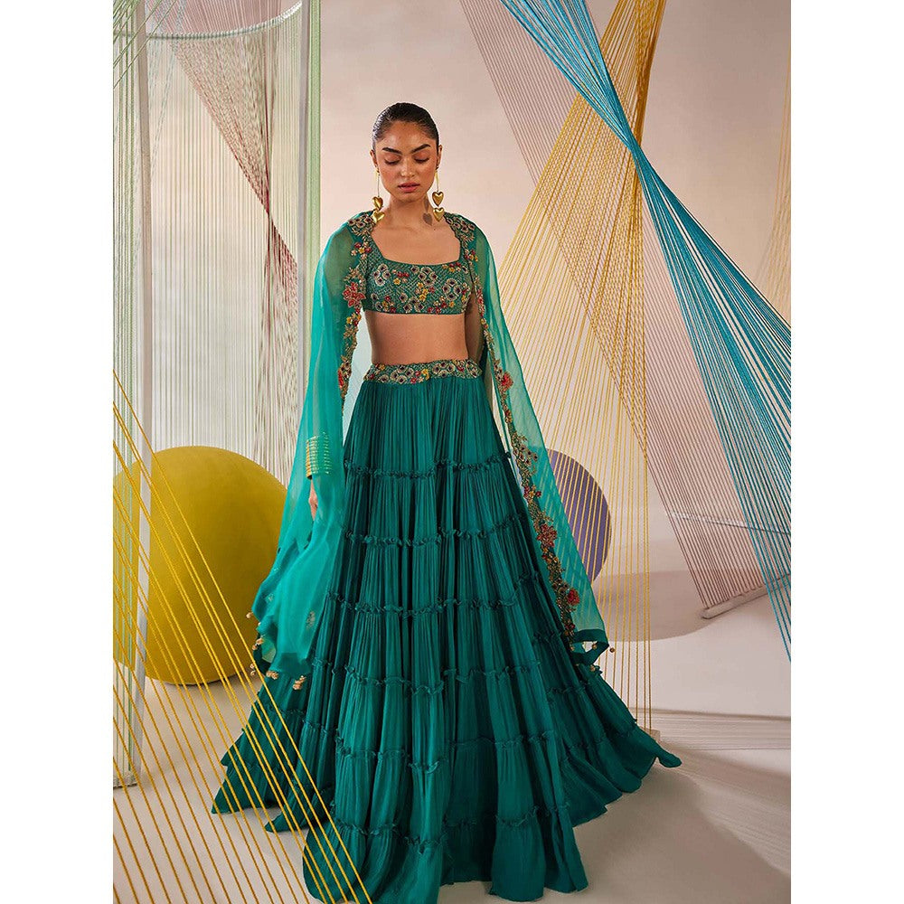 Anu Pellakuru Teal Riya Embroidered Lehenga with Cape and Blouse (Set of 3)