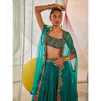 Anu Pellakuru Teal Riya Embroidered Lehenga with Cape and Blouse (Set of 3)