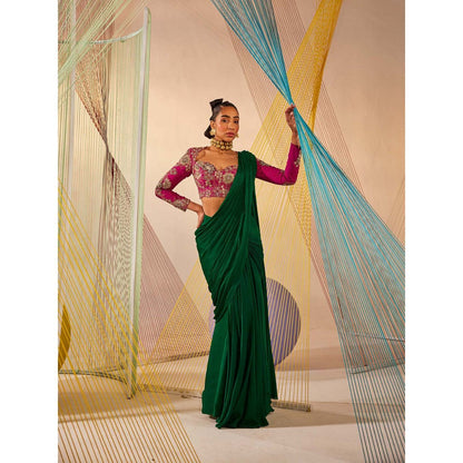 Anu Pellakuru Green Saloni Solid Pre Drape Saree with Stitched Blouse