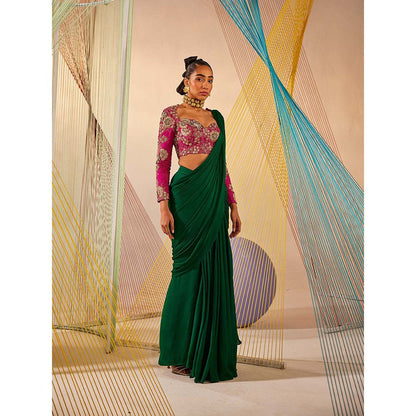Anu Pellakuru Green Saloni Solid Pre Drape Saree with Stitched Blouse