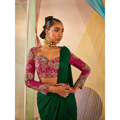 Anu Pellakuru Green Saloni Solid Pre Drape Saree with Stitched Blouse
