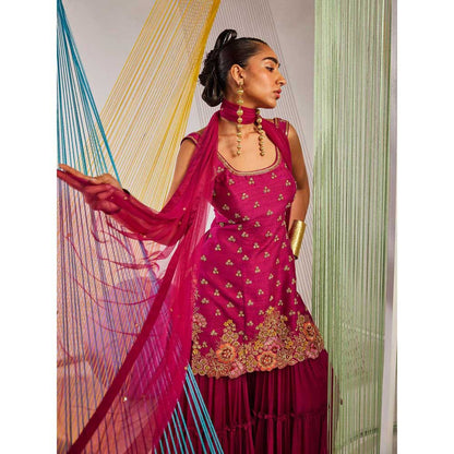 Anu Pellakuru Pink Tarangita Embroidered Kurta with Sharara and Dupatta (Set of 3)