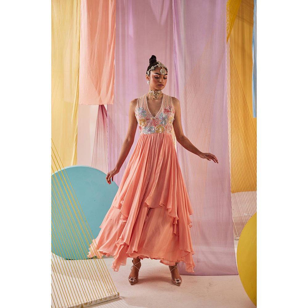Anu Pellakuru Peach Anaisa Embroidered V Neck Dress