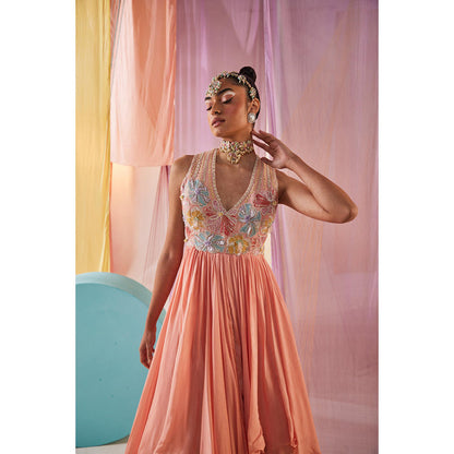 Anu Pellakuru Peach Anaisa Embroidered V Neck Dress