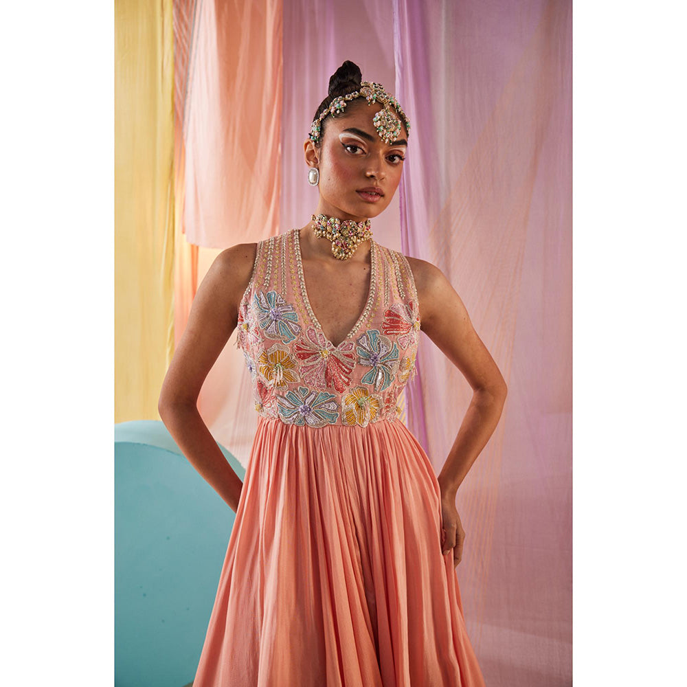 Anu Pellakuru Peach Anaisa Embroidered V Neck Dress