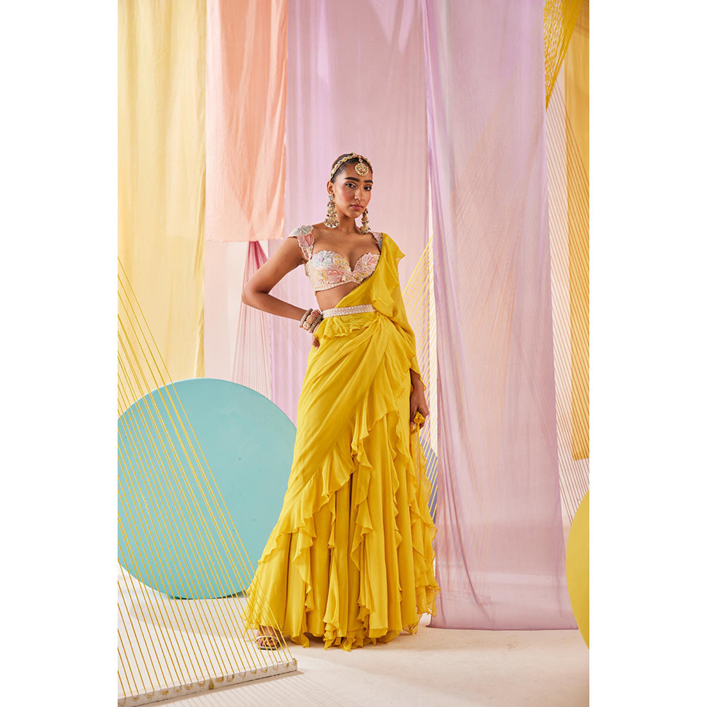 Anu Pellakuru Yellow Maeva Pre Drape Saree with Stitched Blouse and Belt
