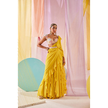 Anu Pellakuru Yellow Maeva Pre Drape Saree with Stitched Blouse and Belt
