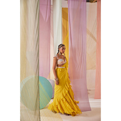 Anu Pellakuru Yellow Maeva Pre Drape Saree with Stitched Blouse and Belt