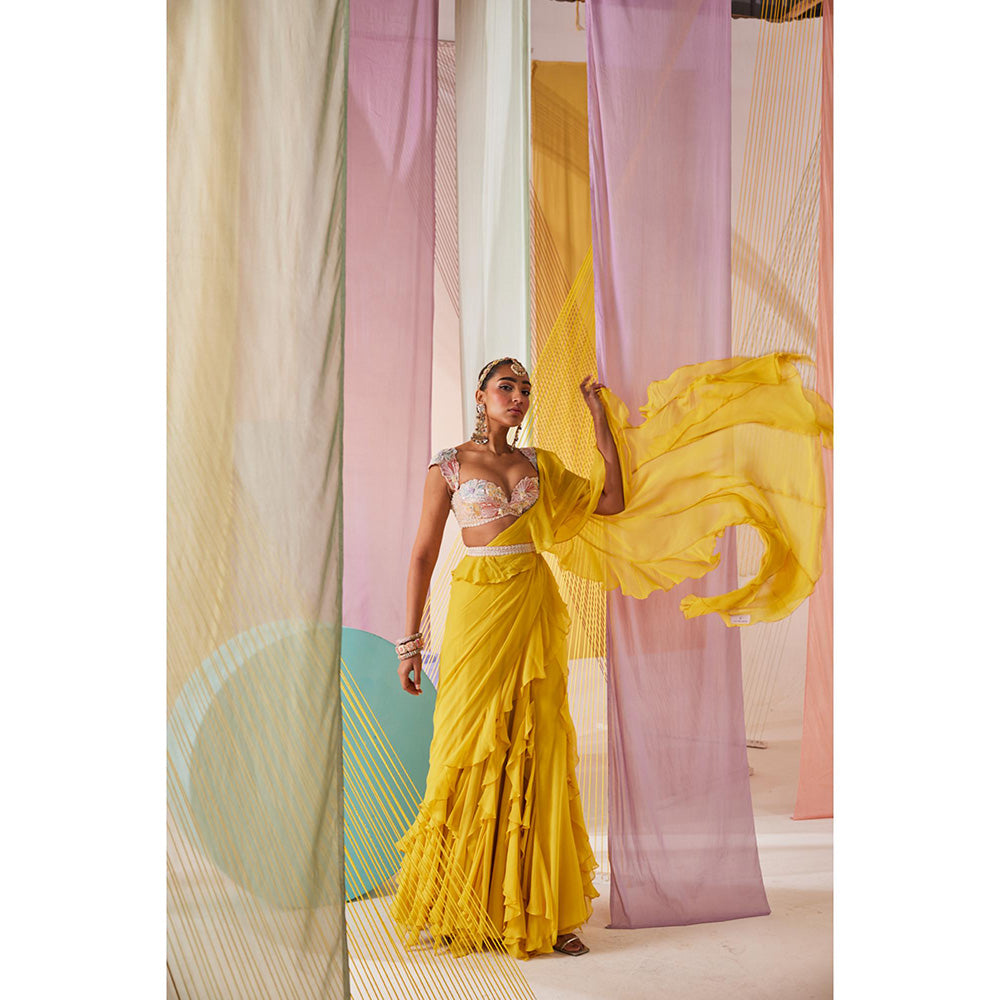 Anu Pellakuru Yellow Maeva Pre Drape Saree with Stitched Blouse and Belt