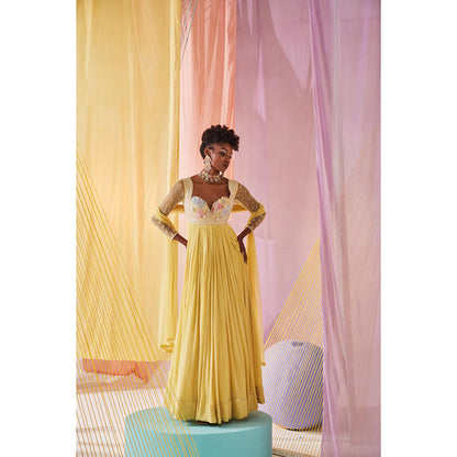 Anu Pellakuru Yellow Iris Embroidered Anarkali and Dupatta (Set of 2)