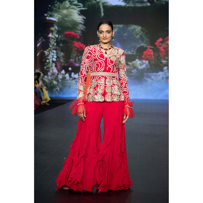 Anu Pellakuru Mira Ruffled Embroidered Jacket with Palazzo and Belt (Set of 3)