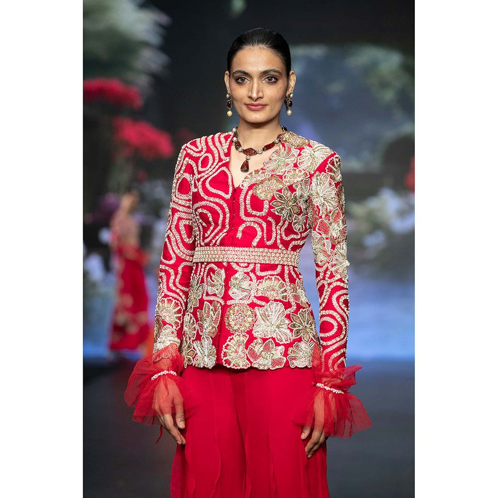 Anu Pellakuru Mira Ruffled Embroidered Jacket with Palazzo and Belt (Set of 3)