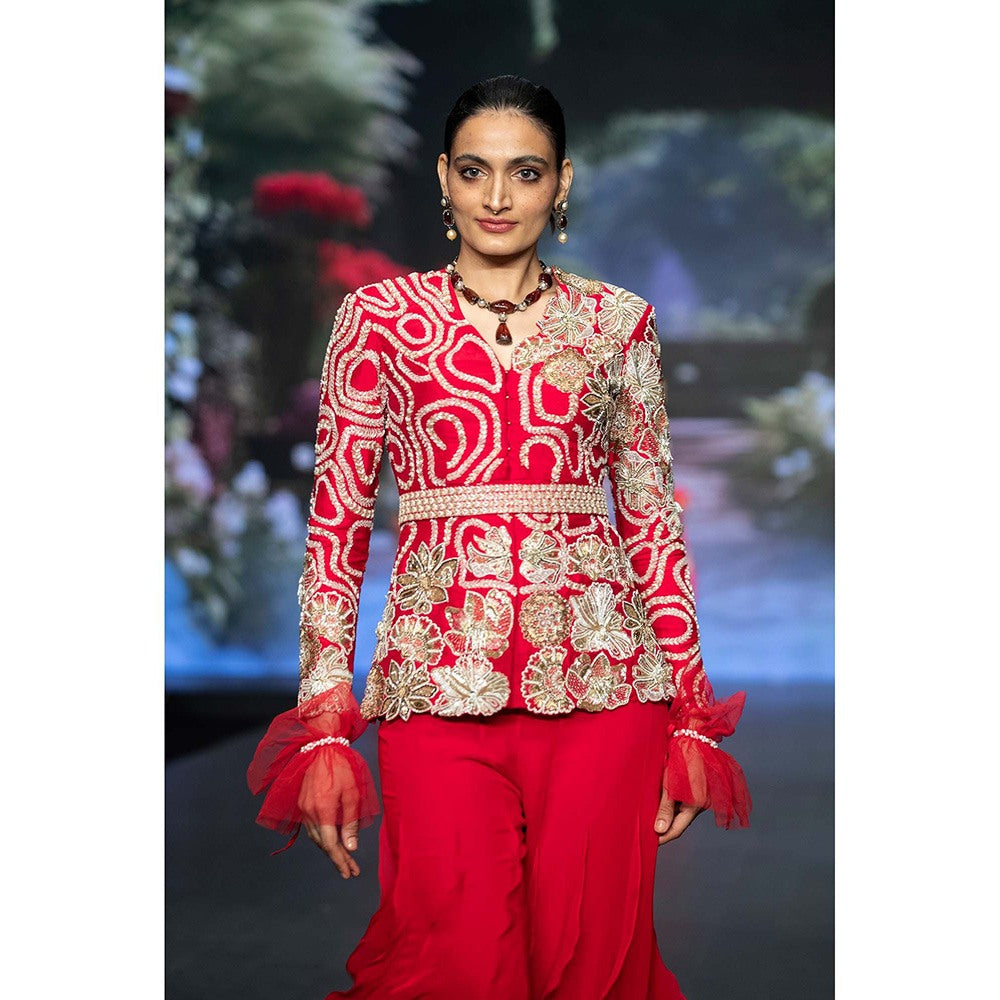 Anu Pellakuru Mira Ruffled Embroidered Jacket with Palazzo and Belt (Set of 3)