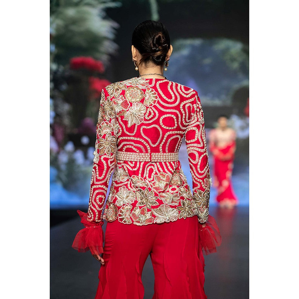 Anu Pellakuru Mira Ruffled Embroidered Jacket with Palazzo and Belt (Set of 3)