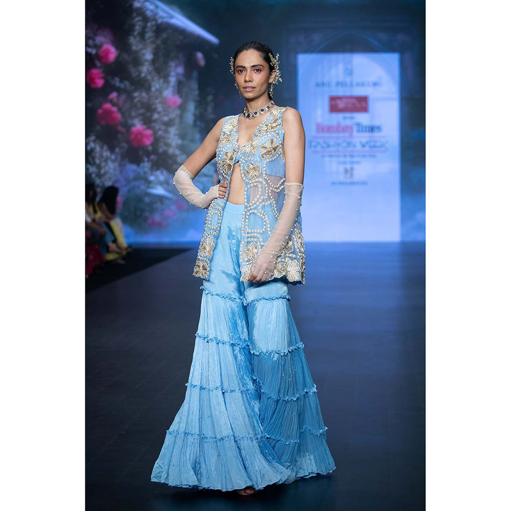 Anu Pellakuru Blue Mrdvi Embroidered Jacket with Bustier and Sharara (Set of 3)
